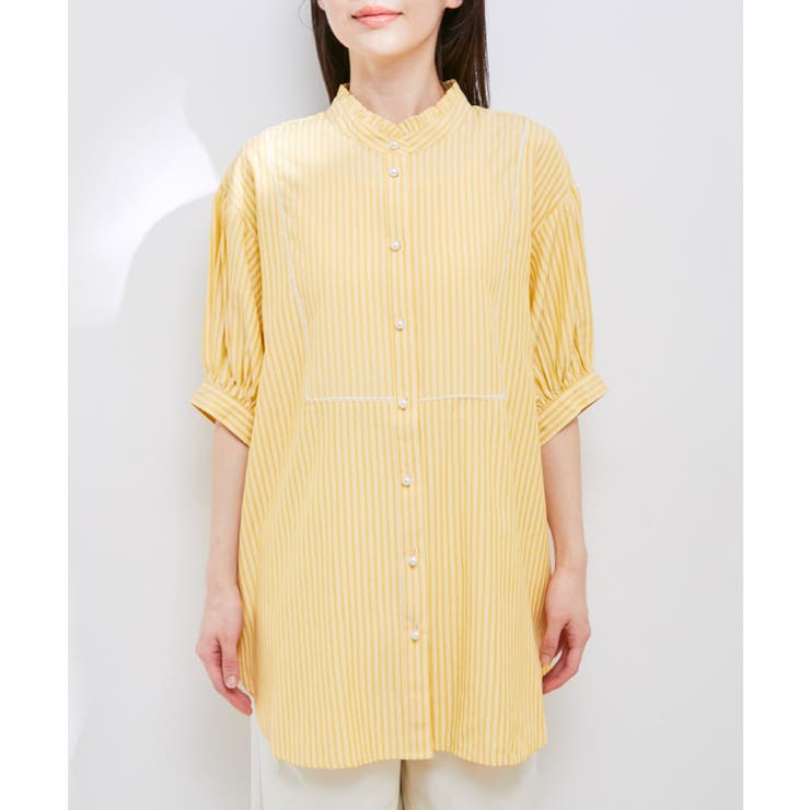 【WEB限定】スタンドフリルストライプ5分袖ブラウス | VIS  | 詳細画像15 