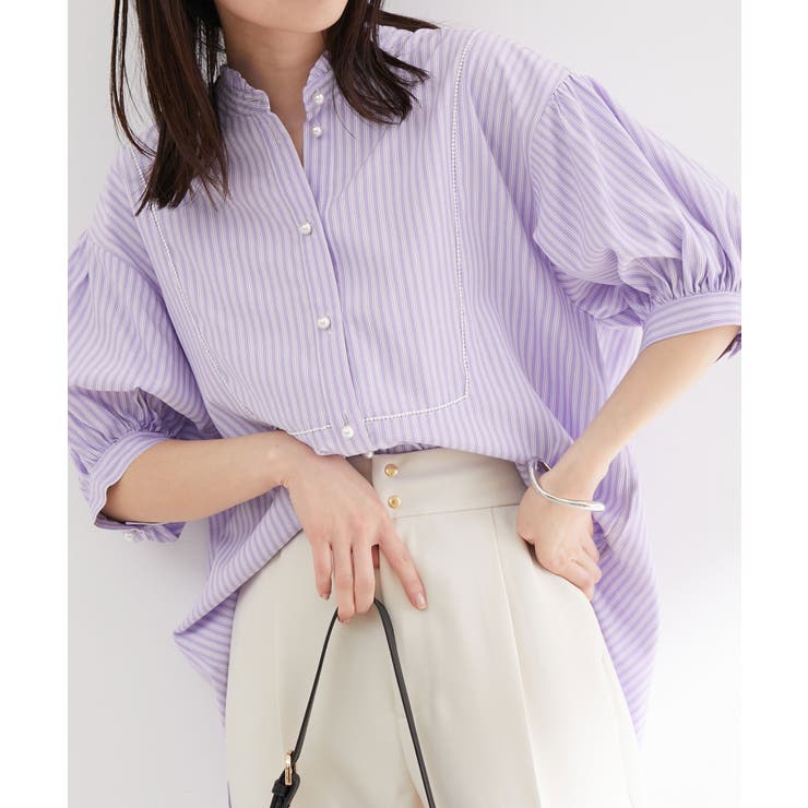 ラベンダー(52) | 【WEB限定】スタンドフリルストライプ5分袖ブラウス | VIS 