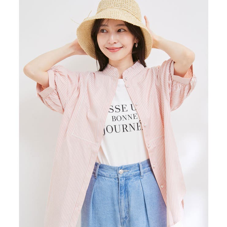 ピンク(63) | 【WEB限定】スタンドフリルストライプ5分袖ブラウス | VIS 