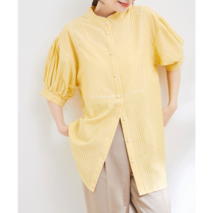 イエロー(80) | 【WEB限定】スタンドフリルストライプ5分袖ブラウス | VIS 