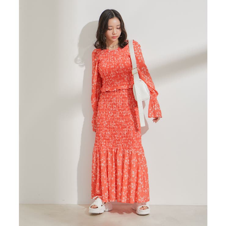 セットアップ対応】花柄シャーリングロングスカート[品番