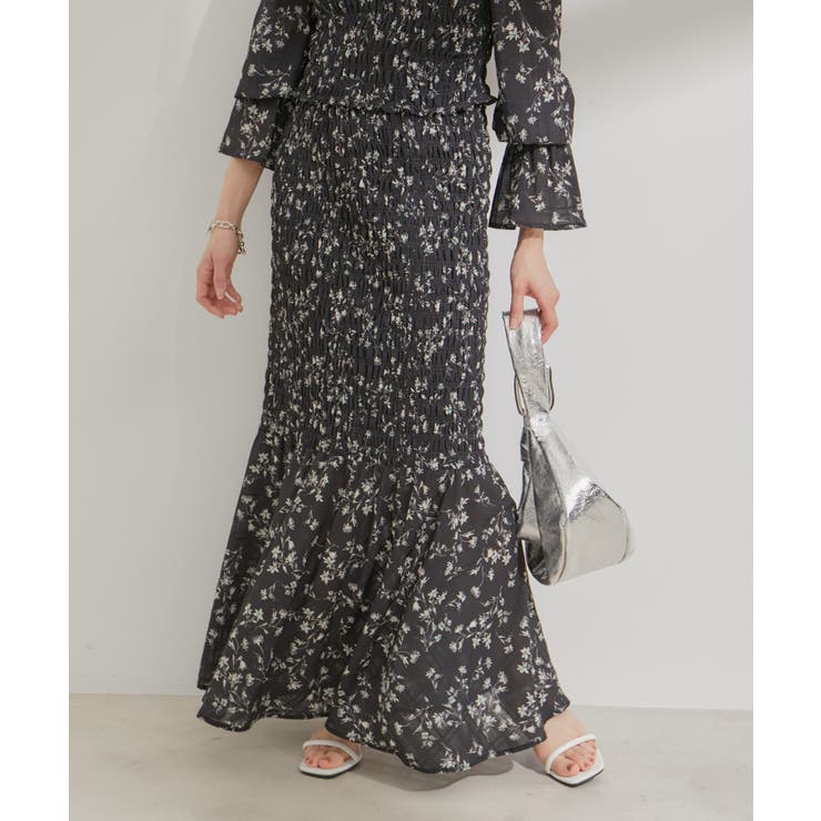 【セットアップ対応】花柄シャーリングロングスカート | VIS  | 詳細画像6 