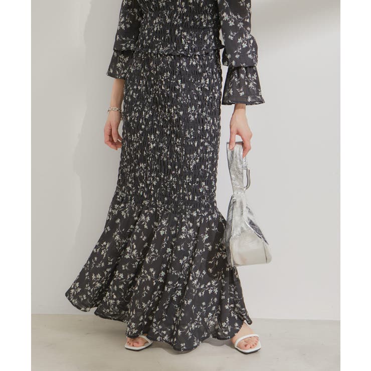 ブラック系(02) | 【セットアップ対応】花柄シャーリングロングスカート | VIS 