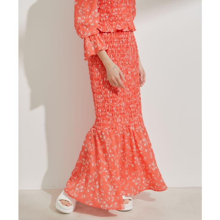 オレンジ系(71) | 【セットアップ対応】花柄シャーリングロングスカート | VIS 