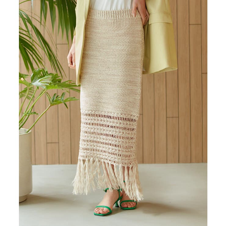 クリーム系(84) | フリンジクロシェメッシュニットスカート | VIS 