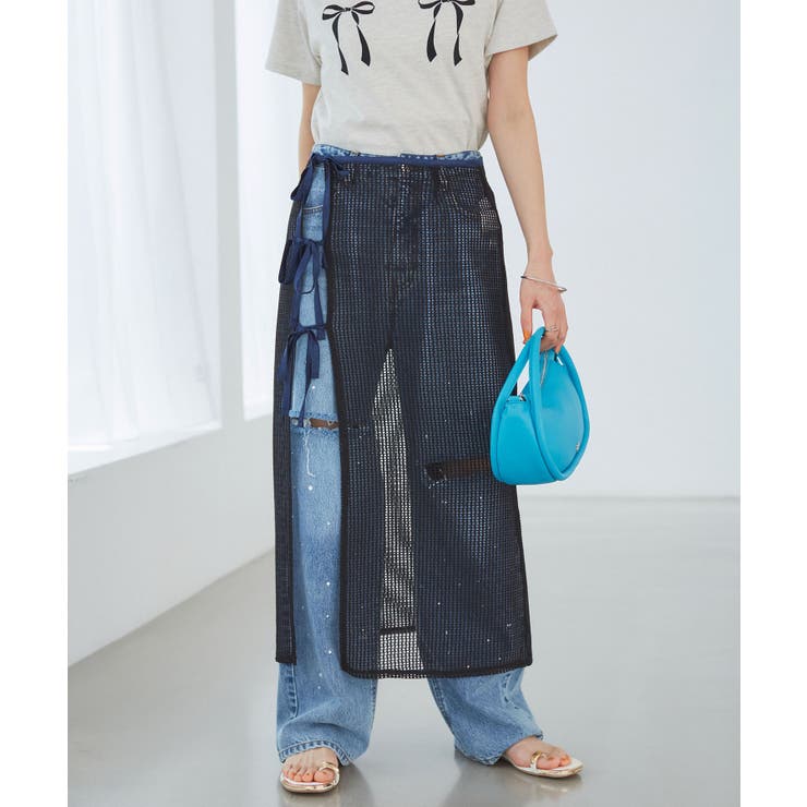 ブラック系(02) | レイヤードラメメッシュIラインスカート | VIS 