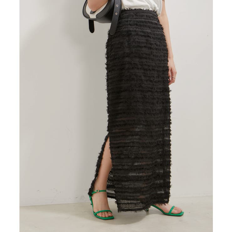 【洗える】フリンジジャガードスリット入りロングスカート | VIS  | 詳細画像11 