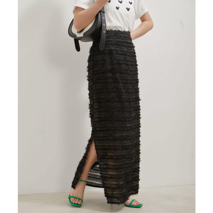 ブラック(01) | 【洗える】フリンジジャガードスリット入りロングスカート | VIS 