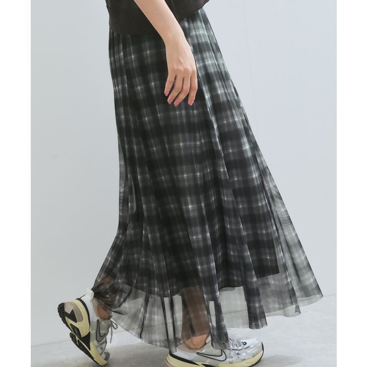 【洗える】チュールプリントチェックスカート | VIS  | 詳細画像12 