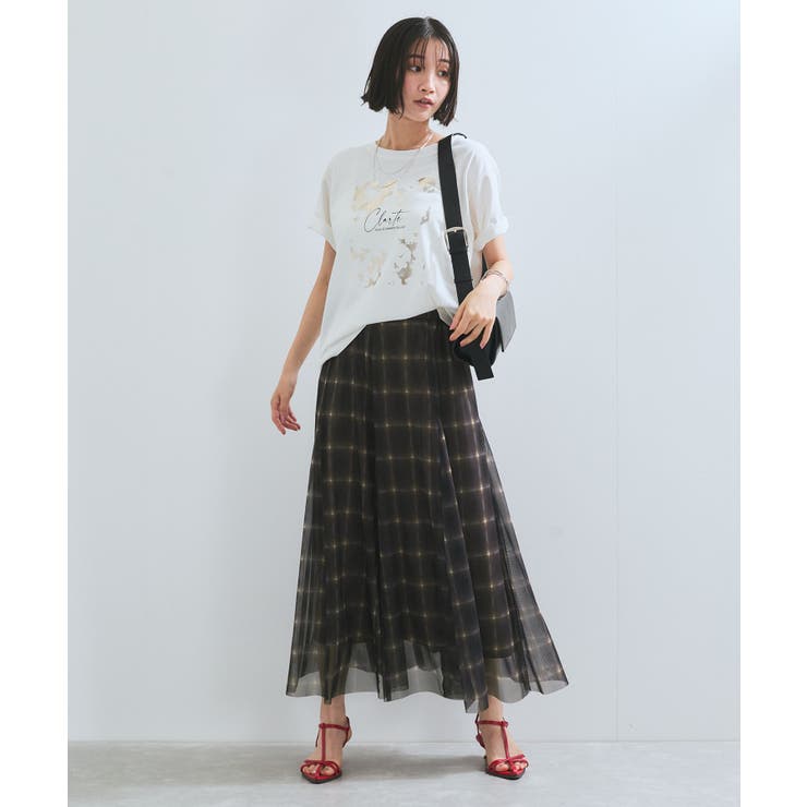 【洗える】チュールプリントチェックスカート | VIS  | 詳細画像4 