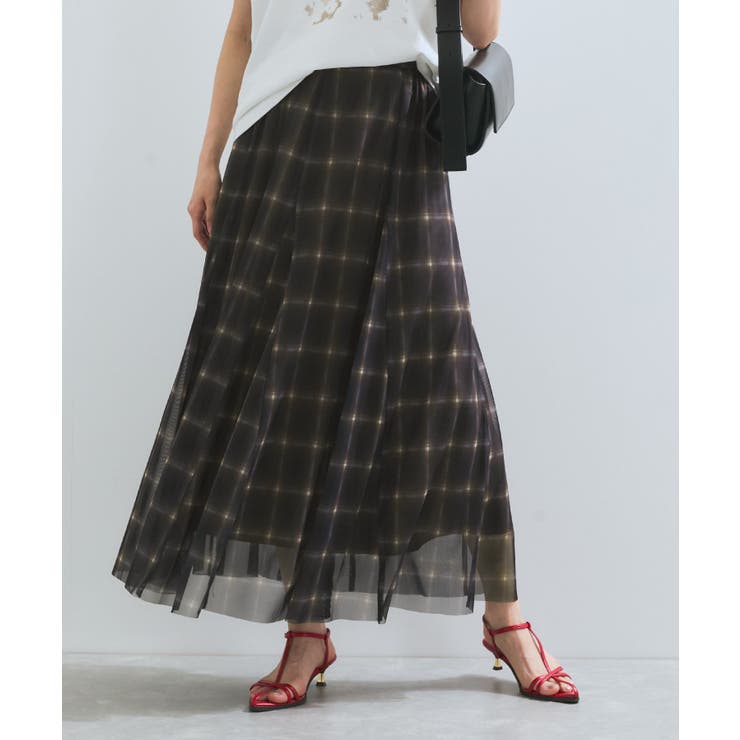 【洗える】チュールプリントチェックスカート | VIS  | 詳細画像5 