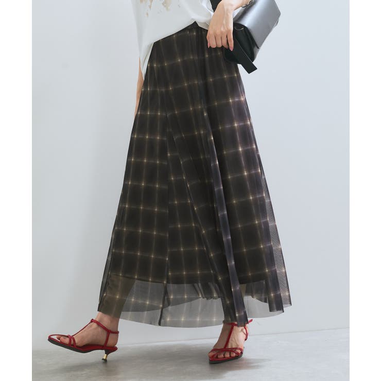 【洗える】チュールプリントチェックスカート | VIS  | 詳細画像6 