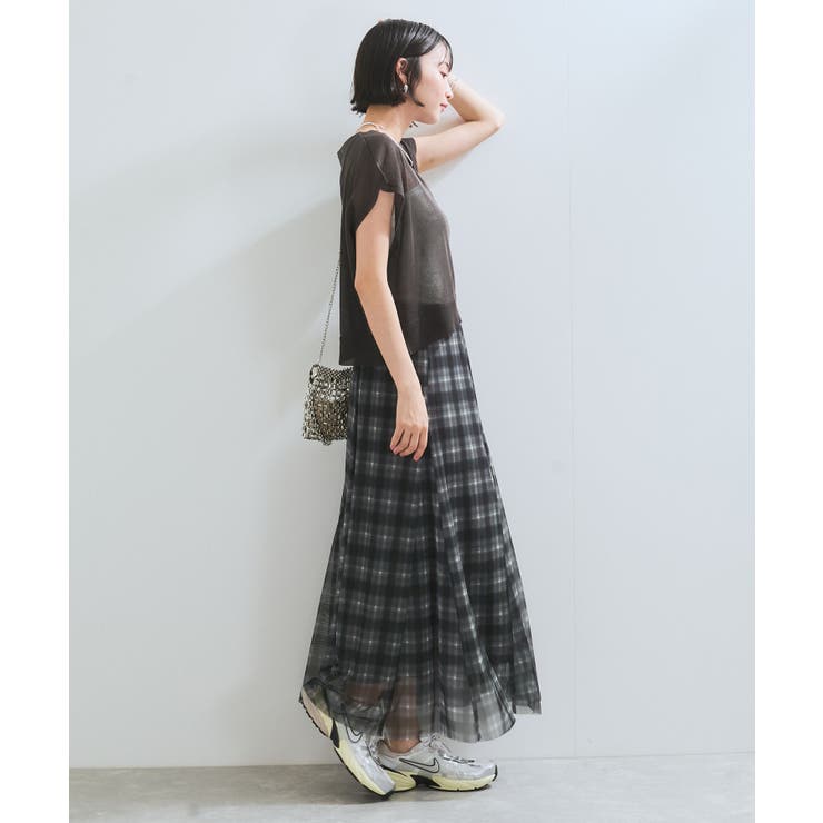 【洗える】チュールプリントチェックスカート | VIS  | 詳細画像9 