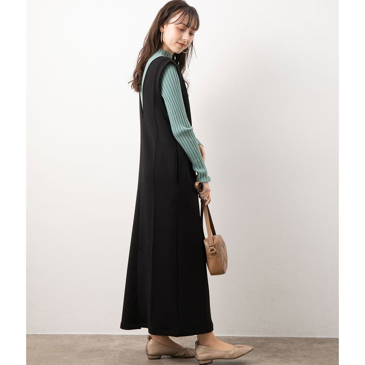 ダンボールニット深Vピンタックジャンパースカート[品番：VISW0011528