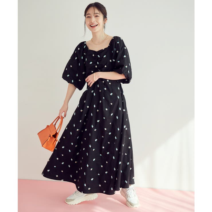 小花柄刺繍スクエアネックワンピース[品番：VISW0028593]｜VIS （ビス