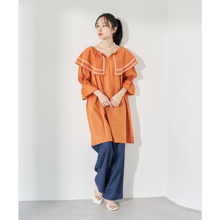 ビックカラー刺繍チュニックブラウス/ミニワンピース[品番