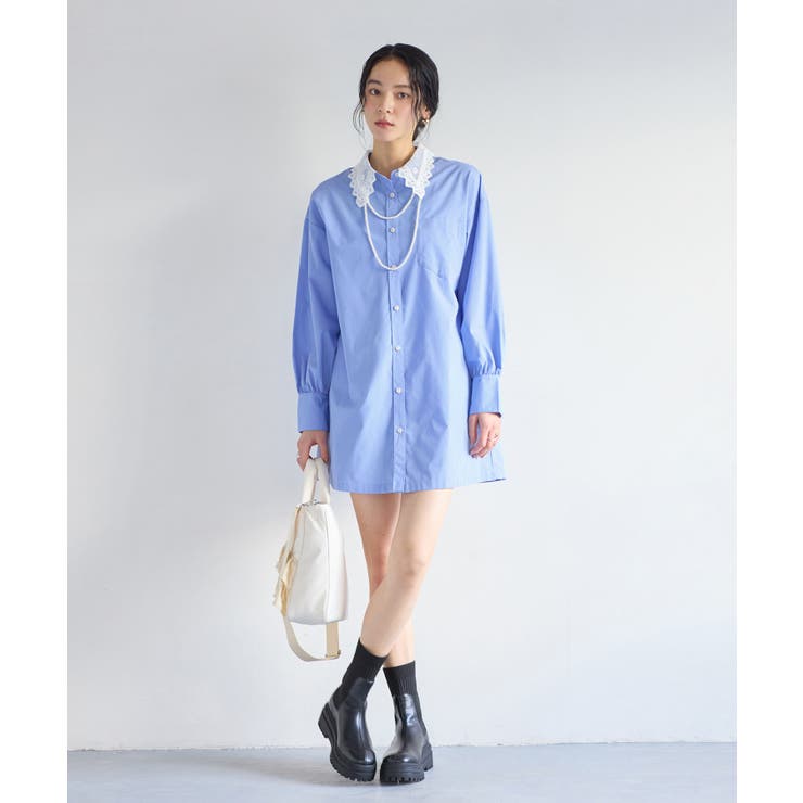 襟レース付きミニ丈シャツワンピ | VIS  | 詳細画像7 