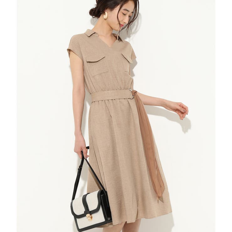 ベージュ(27) | 異素材ベルト付きパッチポケットワンピース | VIS 
