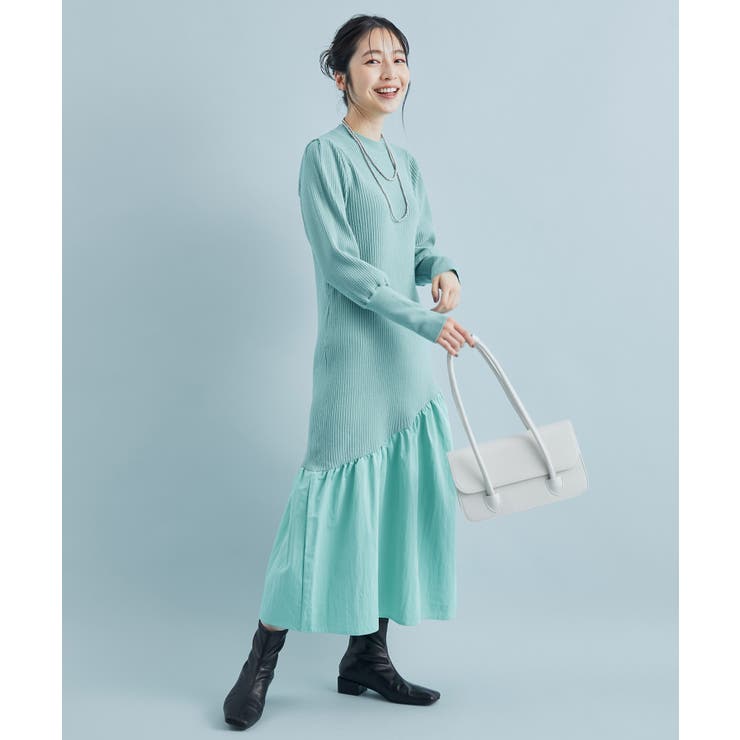 ライトグリーン(33) | 【星玲奈さんコラボ】スリーブコンシャスアシンメトリー切り替えニットワンピース | VIS 