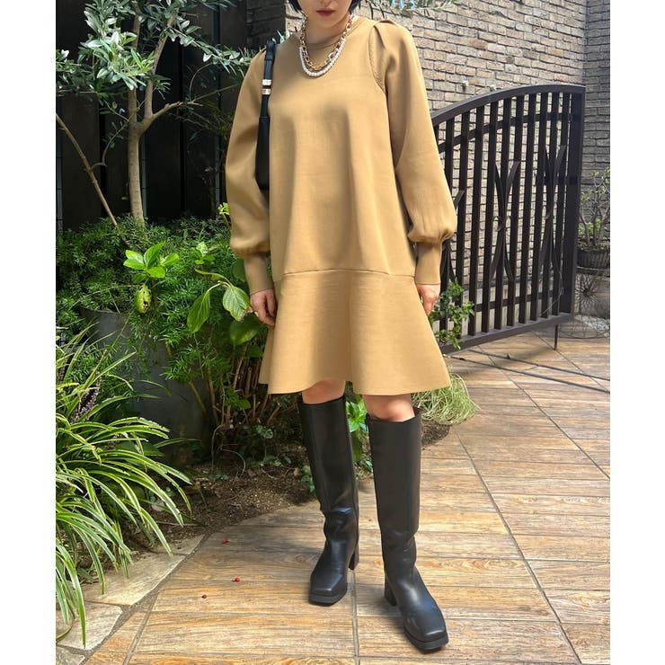 キャメル系(26) | パフスリーブ切り替えミニフレアワンピース | VIS 