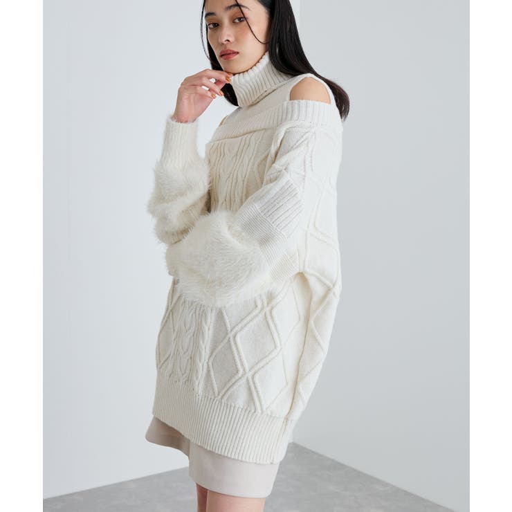 【洗える】オフショルケーブル編みミニワンピース | VIS  | 詳細画像26 