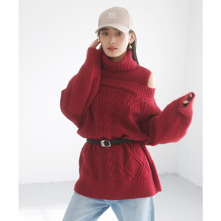 【洗える】オフショルケーブル編みミニワンピース | VIS  | 詳細画像3 