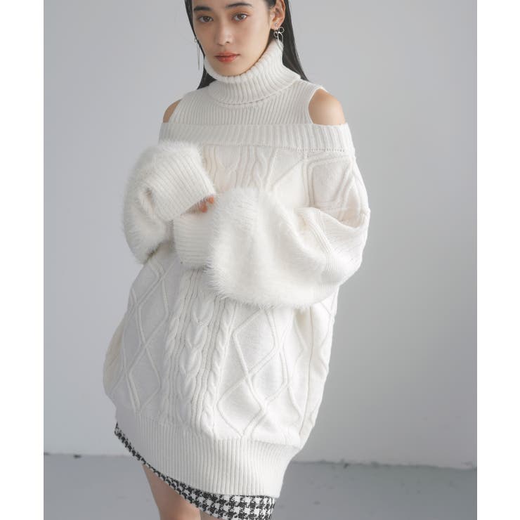 ホワイト系(11) | 【洗える】オフショルケーブル編みミニワンピース | VIS 