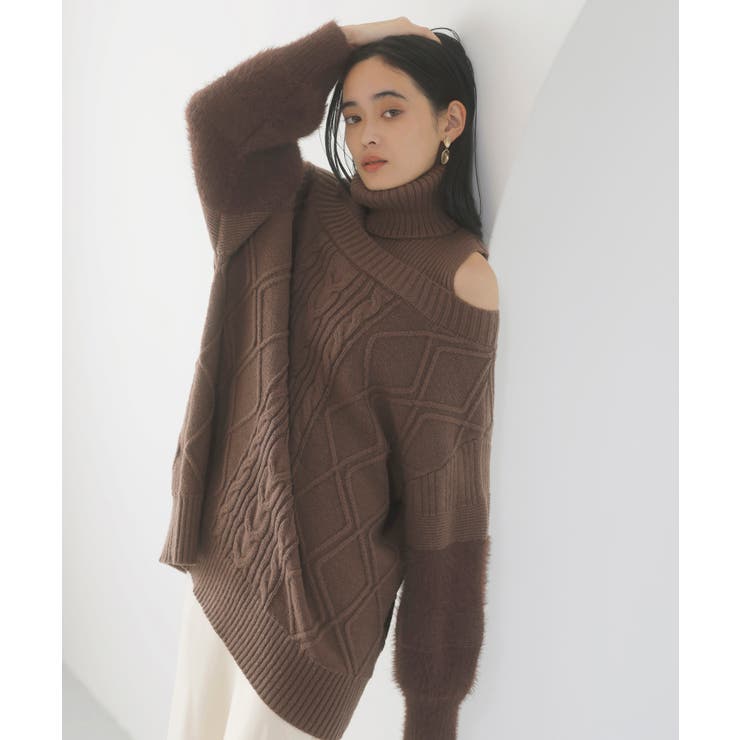 ブラウン系(23) | 【洗える】オフショルケーブル編みミニワンピース | VIS 