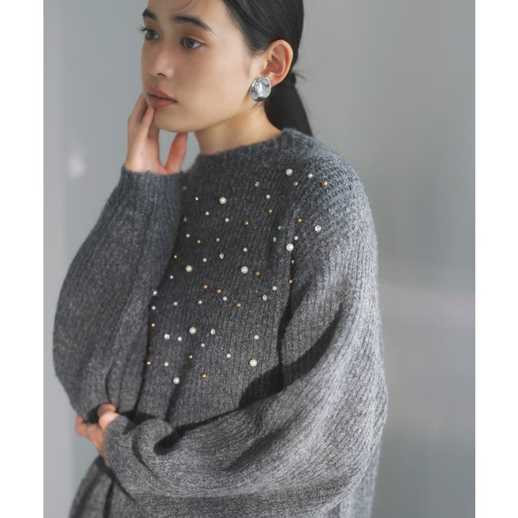 グレー(07) | ビジュー付きニットワンピース | VIS 