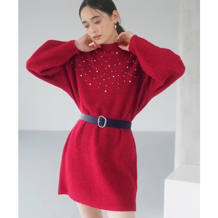 レッド(60) | ビジュー付きニットワンピース | VIS 