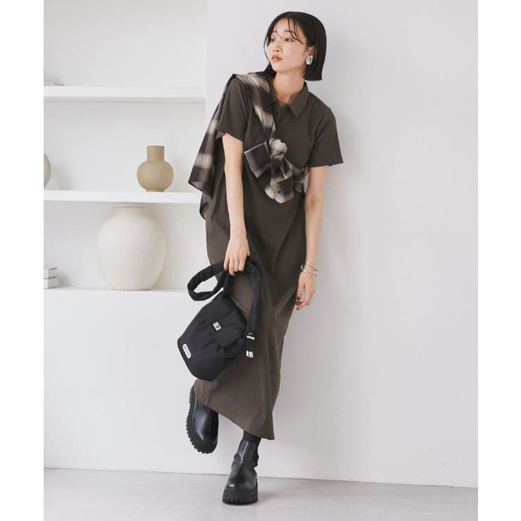 ブラウン(20) | ポロ衿ランダムリブワンピース | VIS 