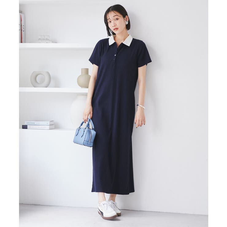 ネイビー系(41) | ポロ衿ランダムリブワンピース | VIS 