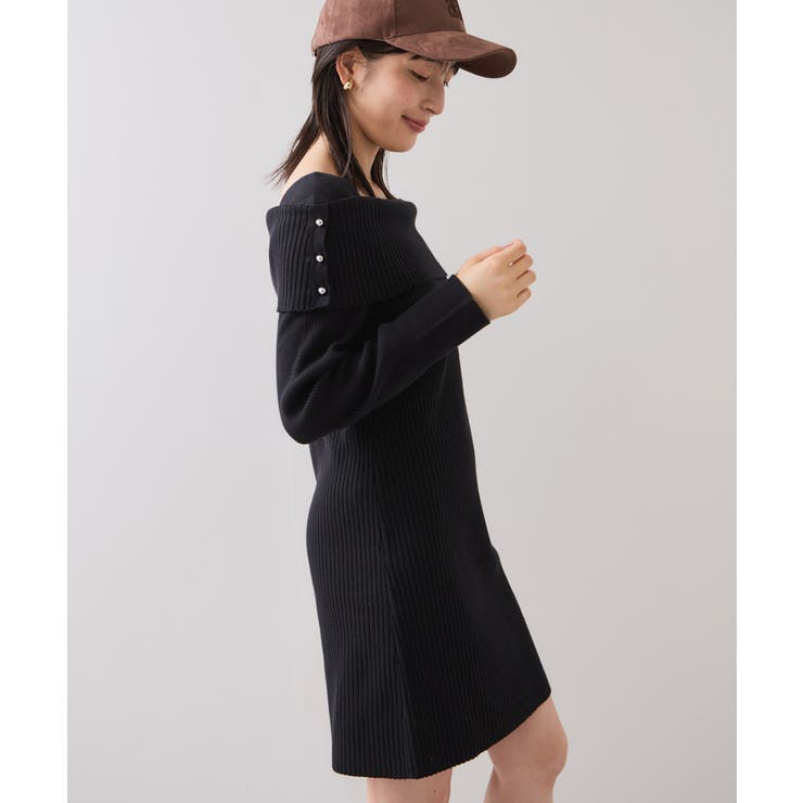 ブラック(01) | アシメオフショルリブニット美シルエットワンピース/着丈が選べる | VIS 