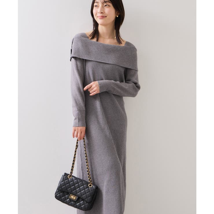 グレー(07) | アシメオフショルリブニット美シルエットワンピース/着丈が選べる | VIS 