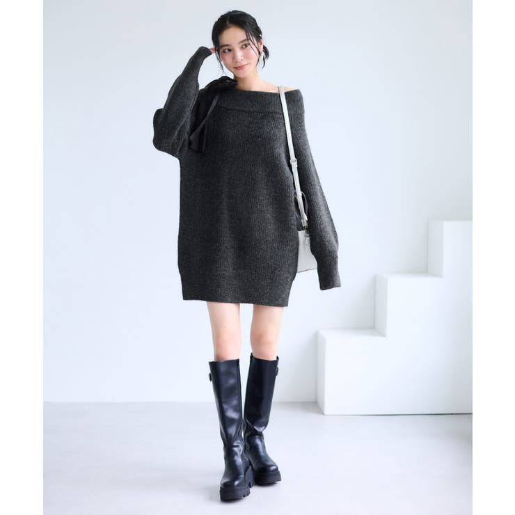 グレー(07) | 肩リボンミニ丈ニットワンピース/2WAY | VIS 