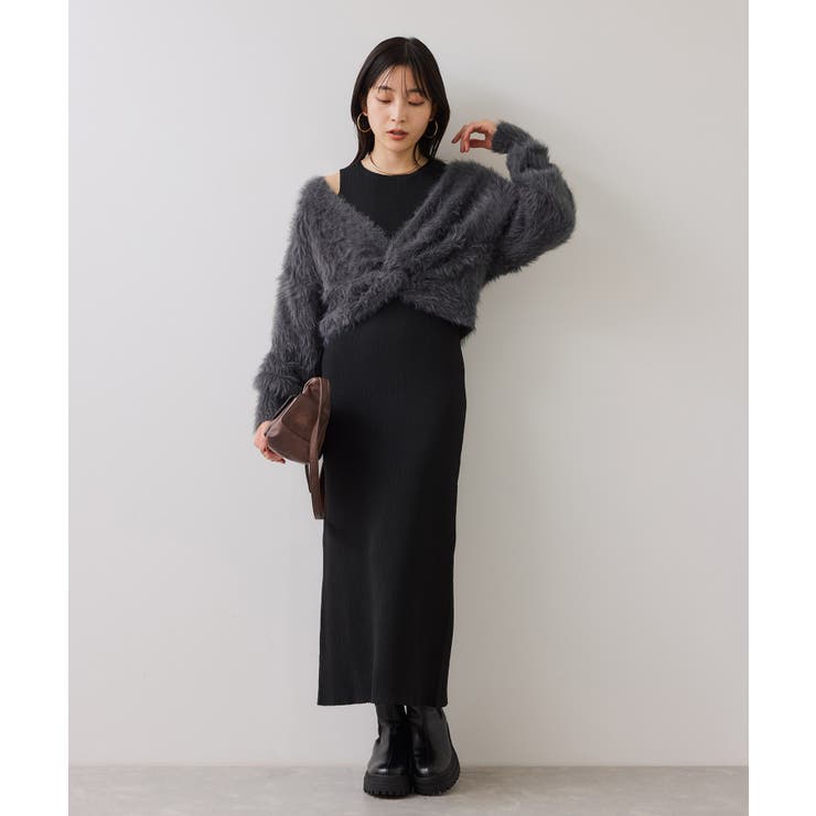 チャコール(06) | ねじりショートトップス付きロングニットワンピース/イージーケア | VIS 