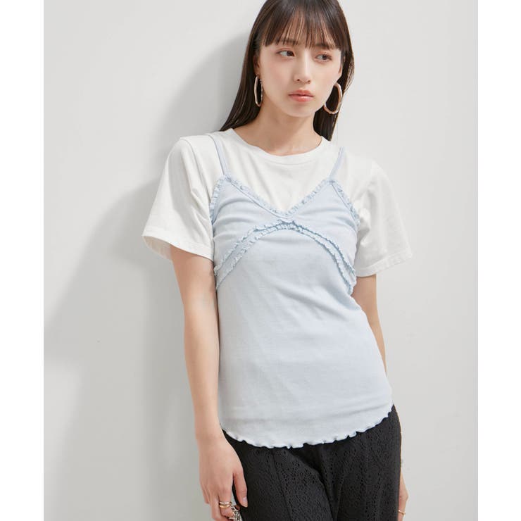 サックス(48) | 【洗える】パターンメッシュフリルキャミソール | VIS 