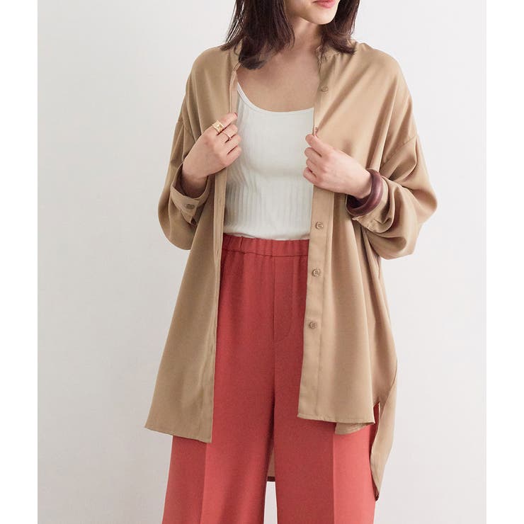 ブラウン系(24) | チュニック丈バンドカラーシャツ | VIS 