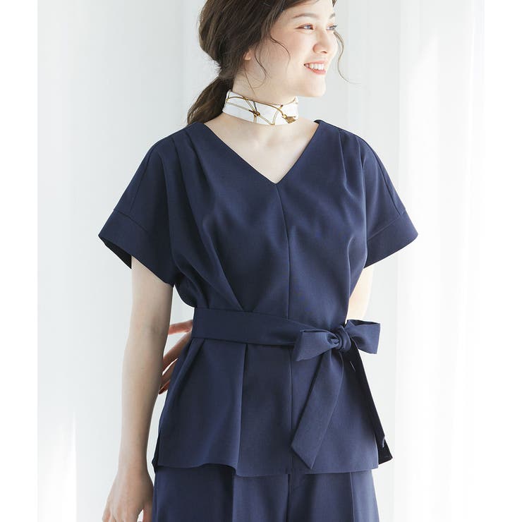 ネイビー(40) | 【セットアップ対応】【EASY CARE】麻調タックブラウス | VIS 