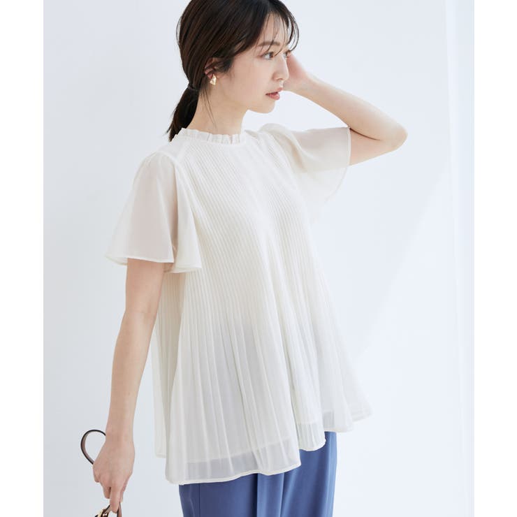 洗濯機可】ドット＆無地シフォンバックリボンブプリーツブラウス