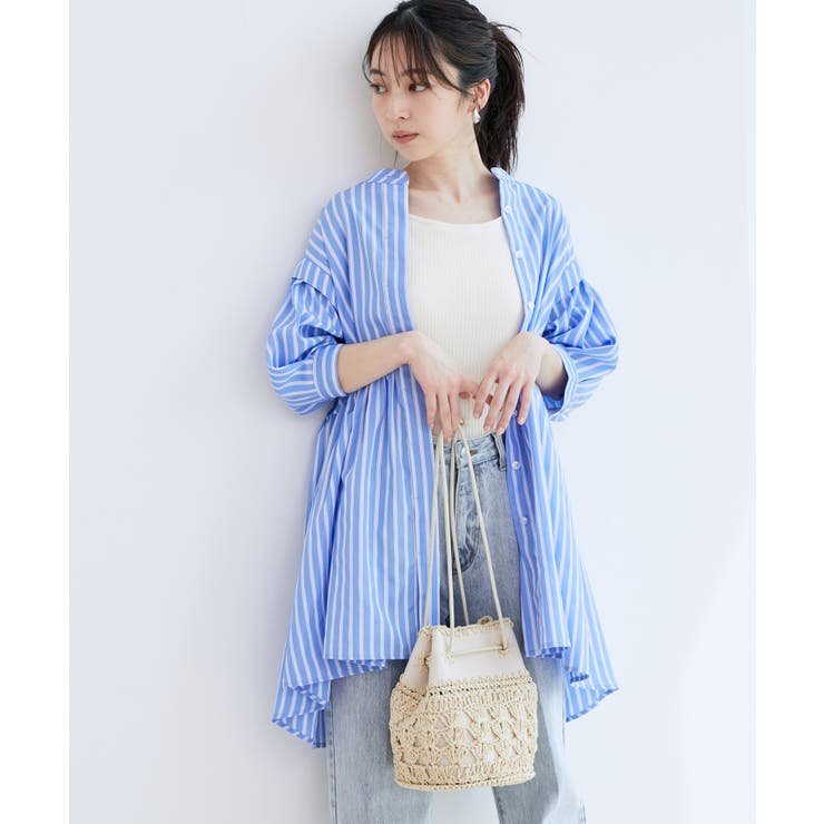 ストライプ/無地タイプライターチュニックブラウス[品番：VISW0028926