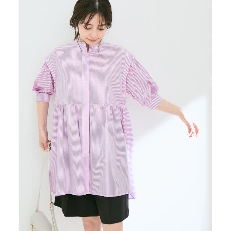 ストライプ/無地タイプライターチュニックブラウス[品番：VISW0028926