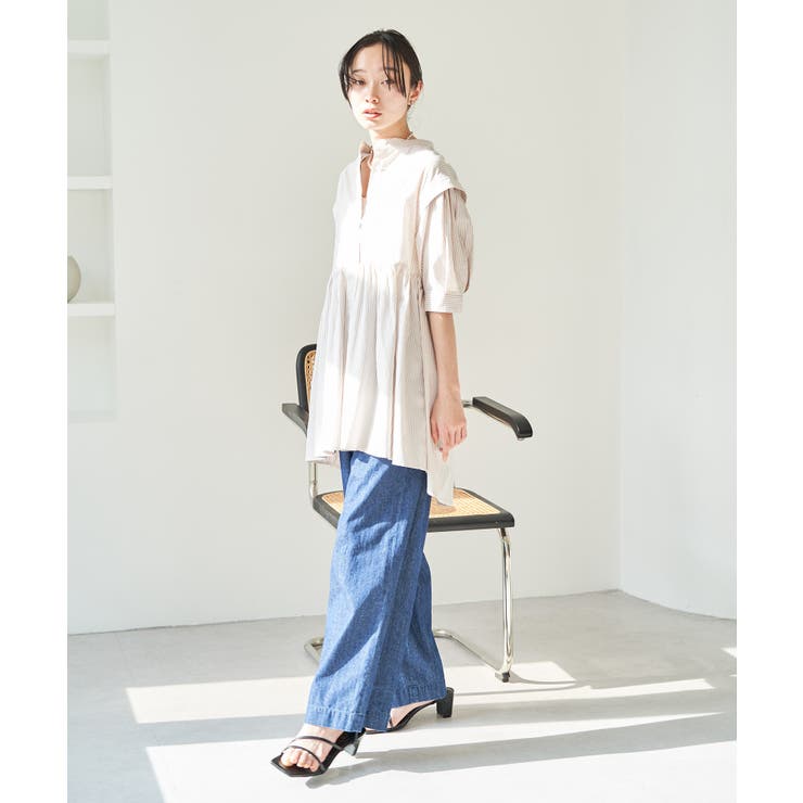 ストライプ/無地タイプライターチュニックブラウス[品番：VISW0028926