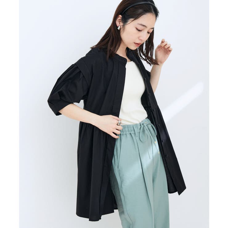 ストライプ/無地タイプライターチュニックブラウス[品番