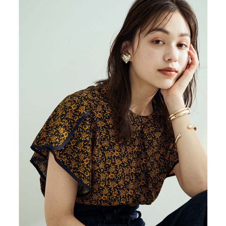 花柄＆無地スタンドネックパイピングスリーブブラウス | VIS  | 詳細画像1 