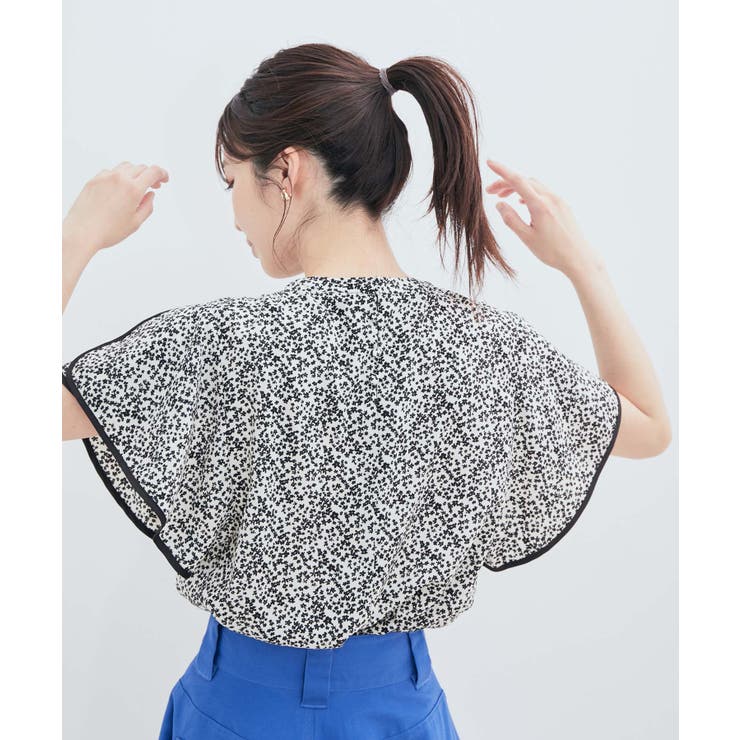 花柄＆無地スタンドネックパイピングスリーブブラウス | VIS  | 詳細画像16 