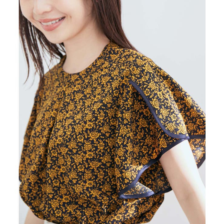 花柄＆無地スタンドネックパイピングスリーブブラウス | VIS  | 詳細画像2 