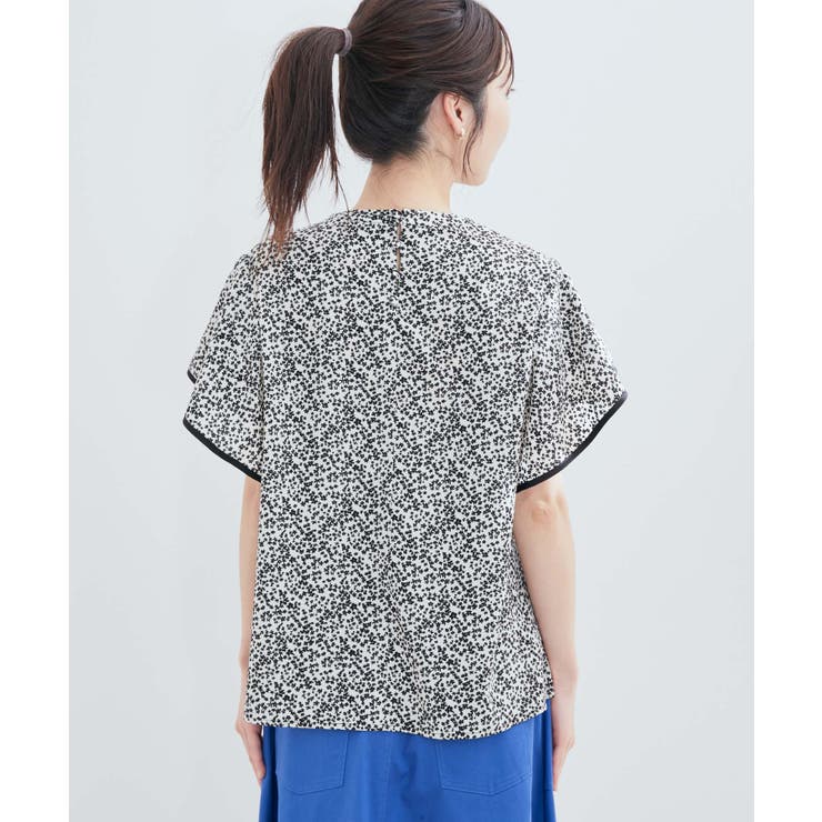 花柄＆無地スタンドネックパイピングスリーブブラウス | VIS  | 詳細画像21 