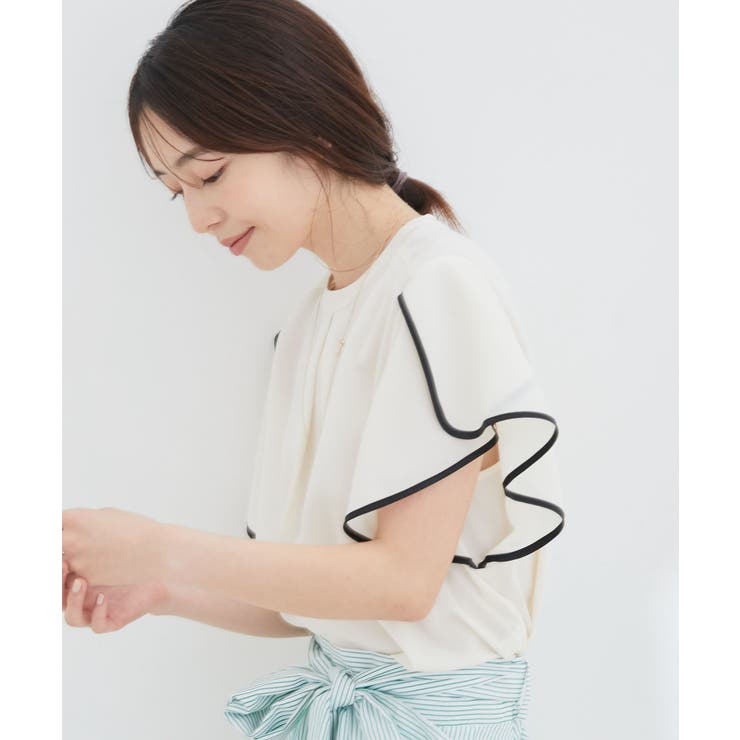 花柄＆無地スタンドネックパイピングスリーブブラウス | VIS  | 詳細画像7 