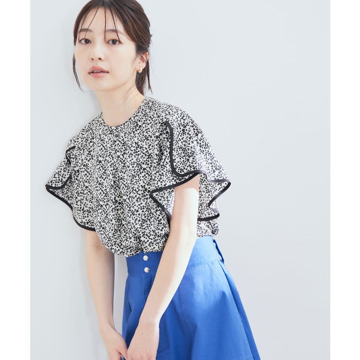 ホワイト系(11) | 花柄＆無地スタンドネックパイピングスリーブブラウス | VIS 